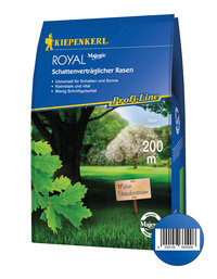 Blumen, Baum und ein Schild mit der Aufschrift Mein Paradiesrasen auf grünem Rasen.