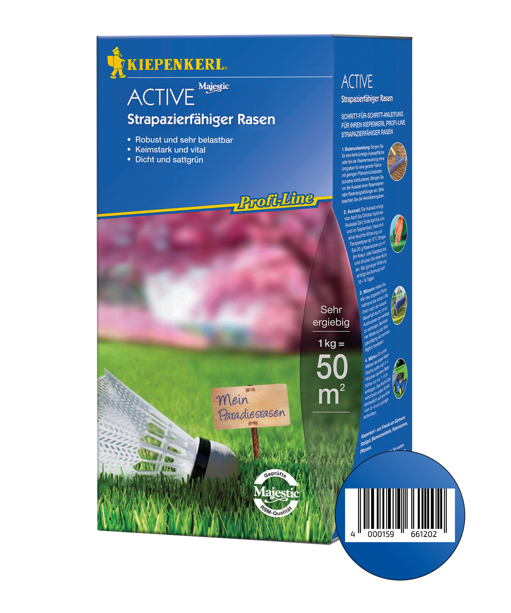 Bodenpflegeprodukt in blauer Verpackung mit Rasenbild, Aufschrift KIEPENKERL, Majestic, PROFI-LINE, und Barcodes.