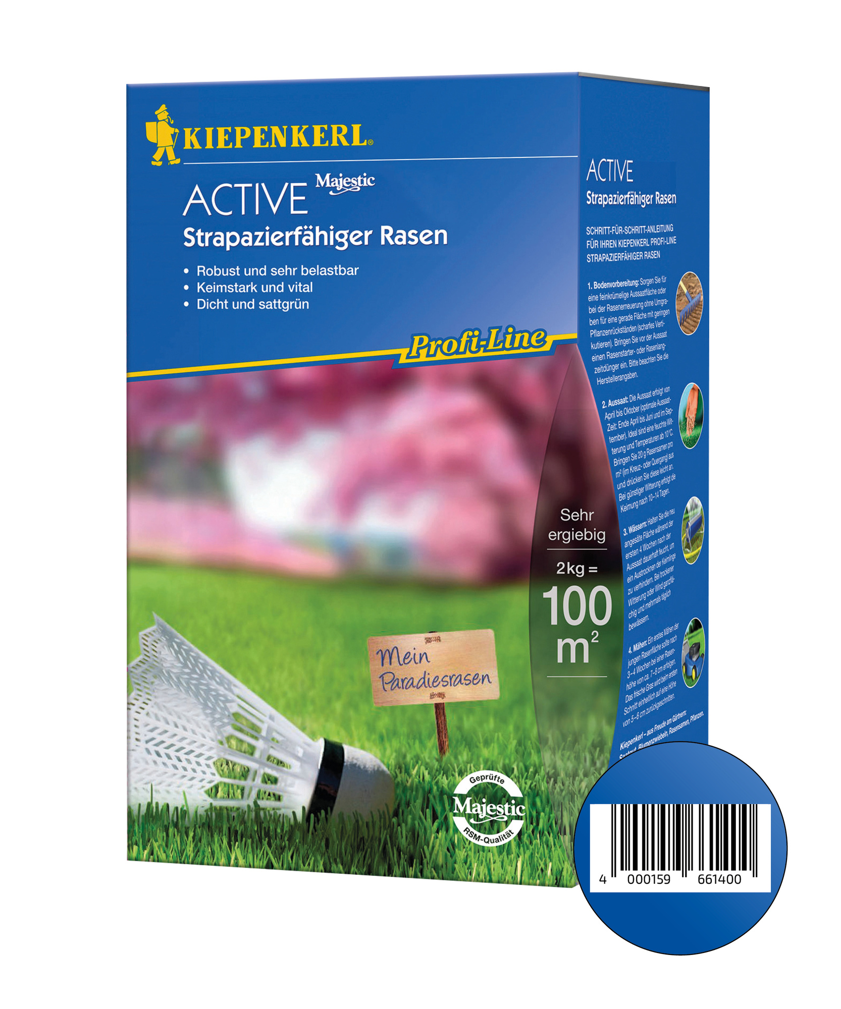 Blaue Verpackung mit Rasenmäher, Rasen, Holzschild mit Aufschrift Mein Paradiesrasen, Kiepenkerl-Logo, Barcode.