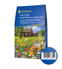 Paket mit bunter Blumenwiese vor Haus, mit Texten, Barcode und blauen Verpackung.