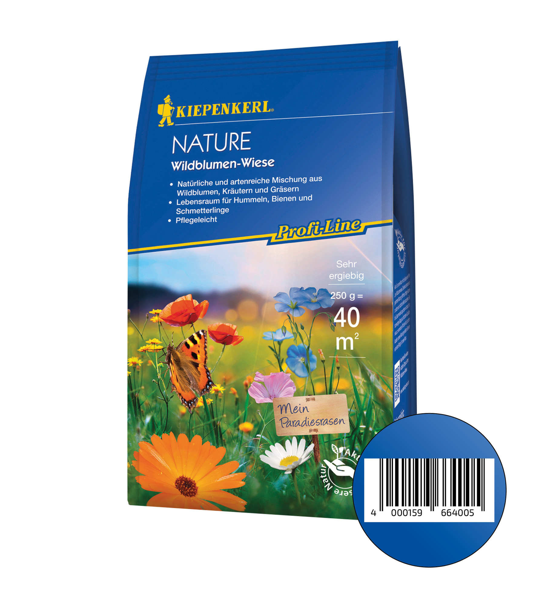 Blumenwiese mit bunten Blumen, Schmetterling, grünem Gras und einem blauen Himmel im Hintergrund.