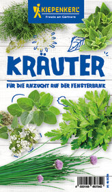 Verschiedene frische Kräuter auf einer weißen Fläche, Verpackung mit blauer Beschriftung und Kiepenkerke Logo.