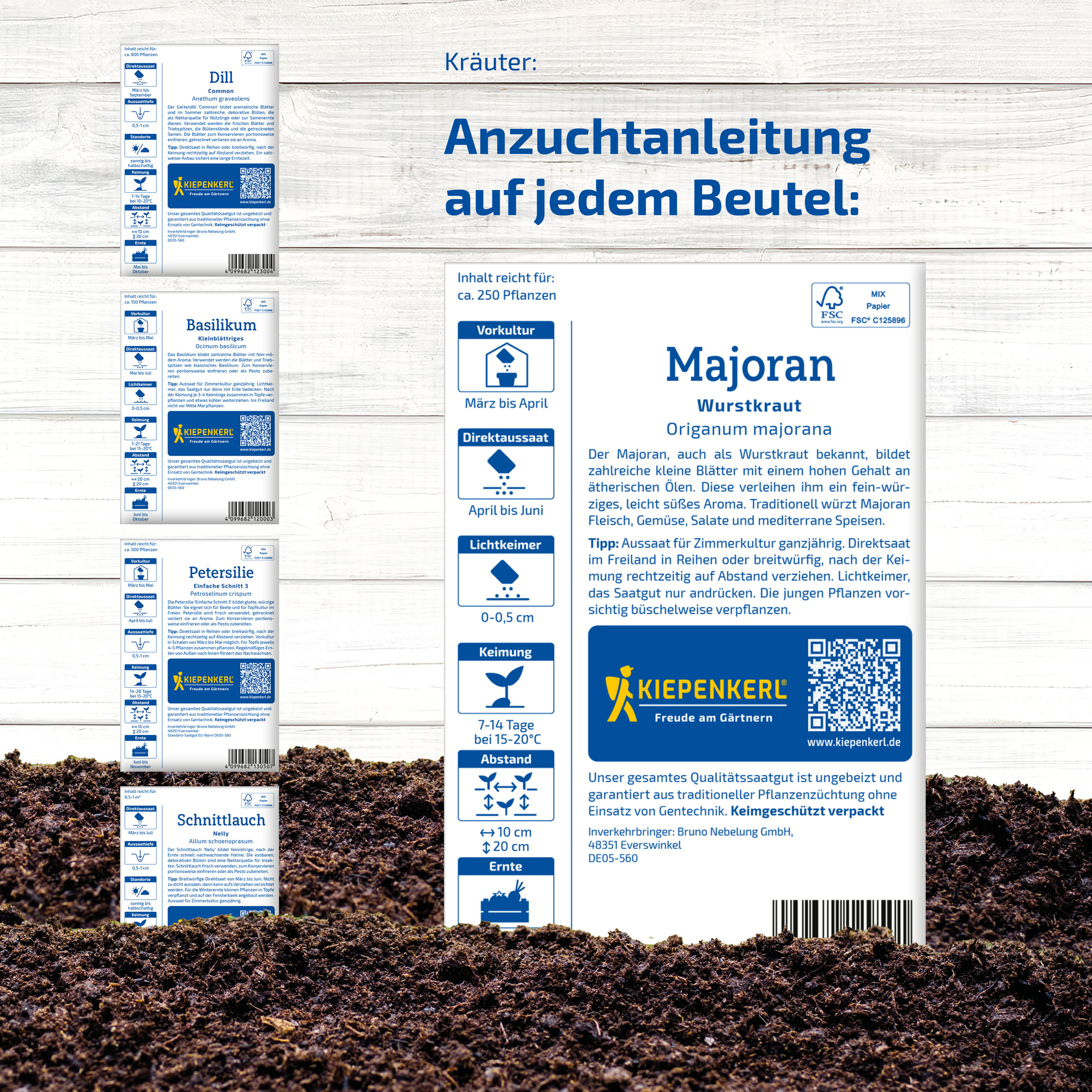 Anleitungsetiketten für Saatgut, Kräuter, mit QR-Code und Pflegehinweisen auf weißem Holzuntergrund.
