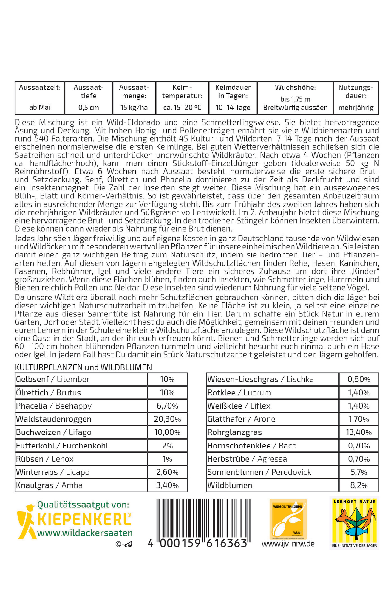 Informationstabelle zu Wild- und Kulturpflanzen, Anbau, Nutzung und Wildblumen.