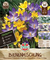 Bunte Frühlingskrokusse und andere Zwiebelblumen auf Gartenboden, mit Text und Logo im Hintergrund.