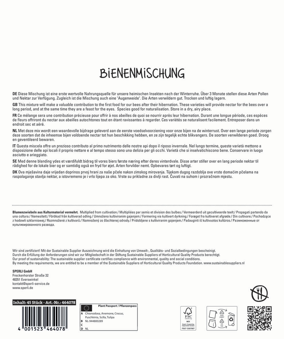 Bienenmischung mit verschiedenen Blumenarten für Bienen nach der Winterruhe, in verschiedenen Sprachen beschrieben.