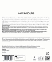 Bienenmischung mit verschiedenen Blumenarten für Bienen nach der Winterruhe, in verschiedenen Sprachen beschrieben.