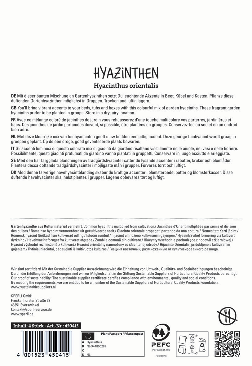 Text in the image describing the hyacinth plant in multiple languages, with additional information and packaging details.