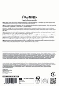 Text in the image describing the hyacinth plant in multiple languages, with additional information and packaging details.