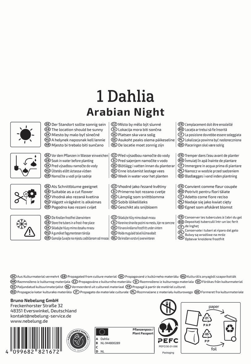 Pflege- und Pflanztipps für eine Dahlie, Symbole für Sonnenlicht, Wasser, Schneiden, Schnittblumen, Frostschutz.