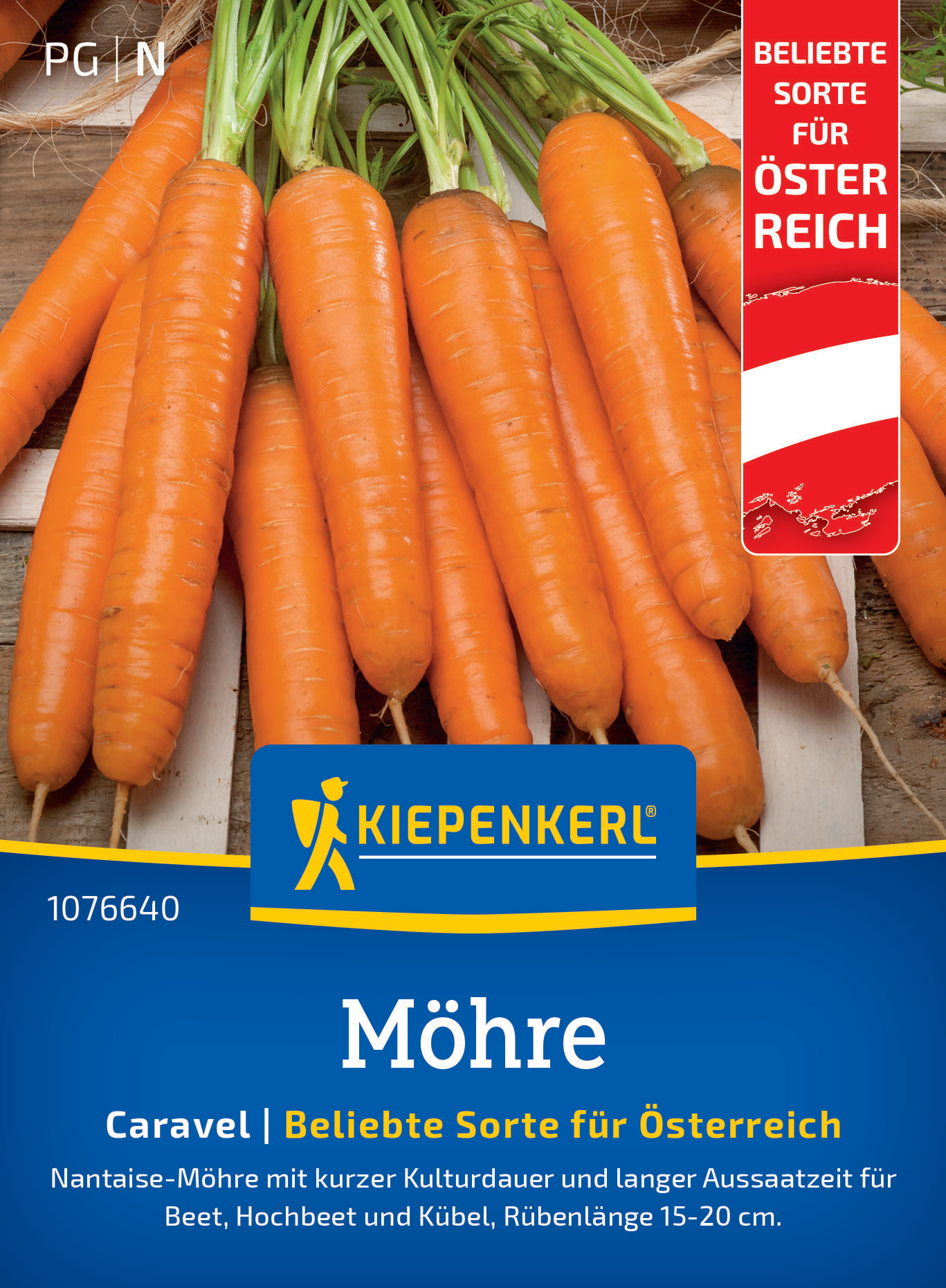 Karotten mit grünen Blättern auf Holzunterlage, Verpackung für Österreich, Bliebte Sorte, Kiepenkerl.