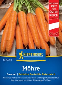 Karotten mit grünen Blättern auf Holzunterlage, Verpackung für Österreich, Bliebte Sorte, Kiepenkerl.