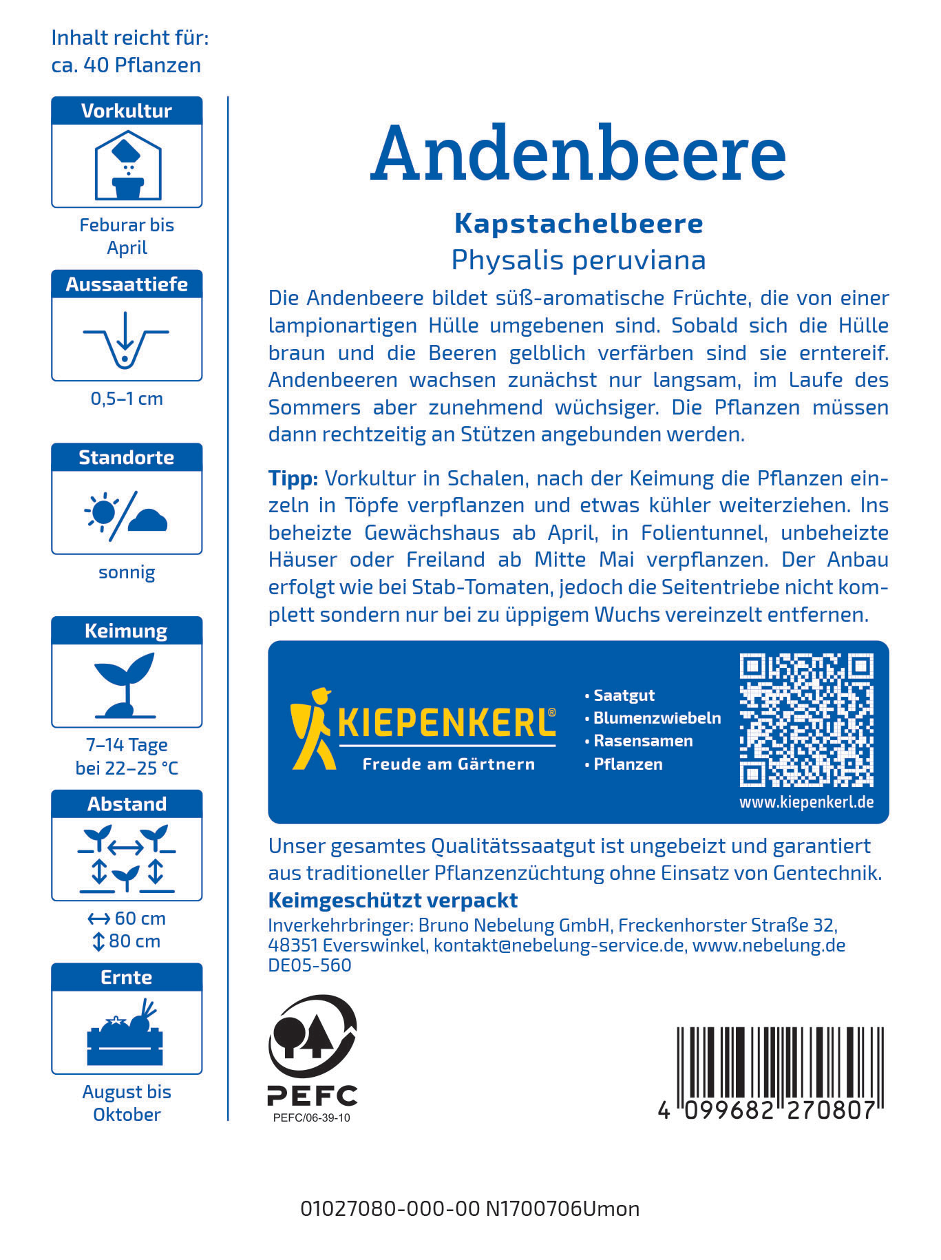 Angebotsbeschreibung für Andenbeeren mit Pflanzinformationen, QR-Code, Logo, Piktogramme, Barcode und Herstellerangaben.