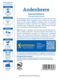 Angebotsbeschreibung für Andenbeeren mit Pflanzinformationen, QR-Code, Logo, Piktogramme, Barcode und Herstellerangaben.