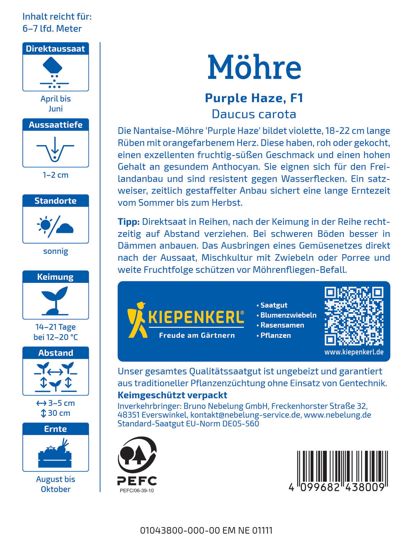Anleitung für Saatgut, mit QR-Code, Logo von Kiepenkerl, Informationen zu Pflanzung und Standort, Barcode.