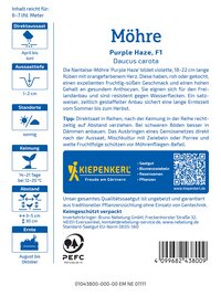 Anleitung für Saatgut, mit QR-Code, Logo von Kiepenkerl, Informationen zu Pflanzung und Standort, Barcode.