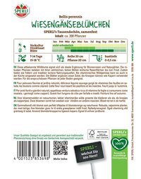 Informationstext zur Wilden Gänseblümchenpflanze mit Anbauratschlägen und Pflanzinformationen auf Deutsch, Französisch, Italienisch, Niederländisch, Dänisch.
