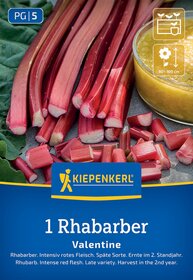 Rote Rhubarbstängel und Stücke neben einem Glas mit gelber Flüssigkeit, Verpackungsaufschrift mit Kiepenkerl-Logo.