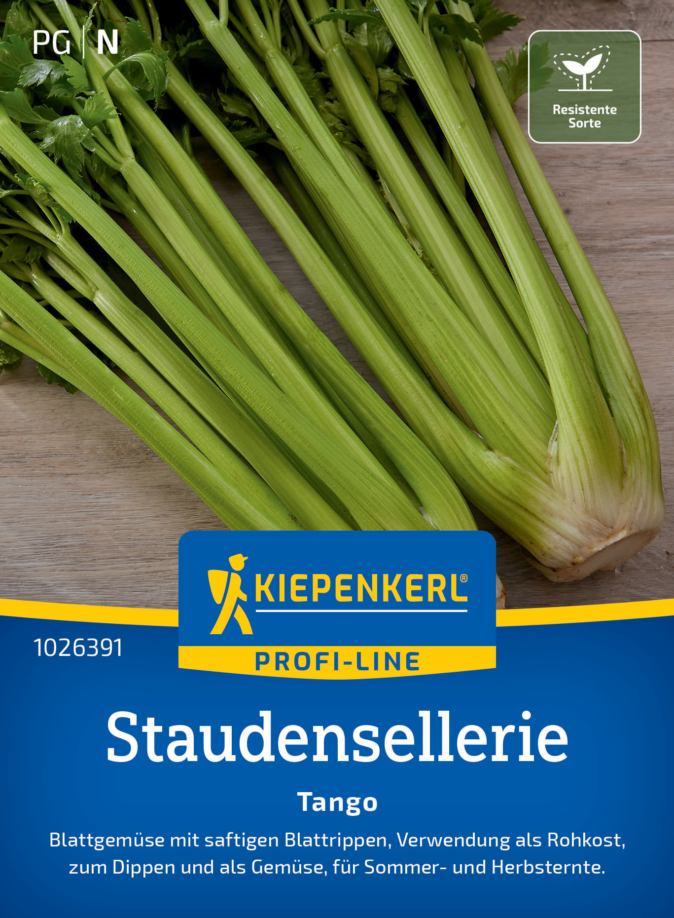 Bündel grüne Staudensellerie mit weißen Stangen auf Holzuntergrund, oben links das Logo.