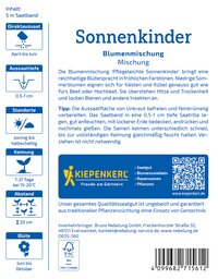 Pflegeleichte Sonnenkinder Blumensamen in Staubtüte, mit Anweisungen, QR-Code und Bar code.
