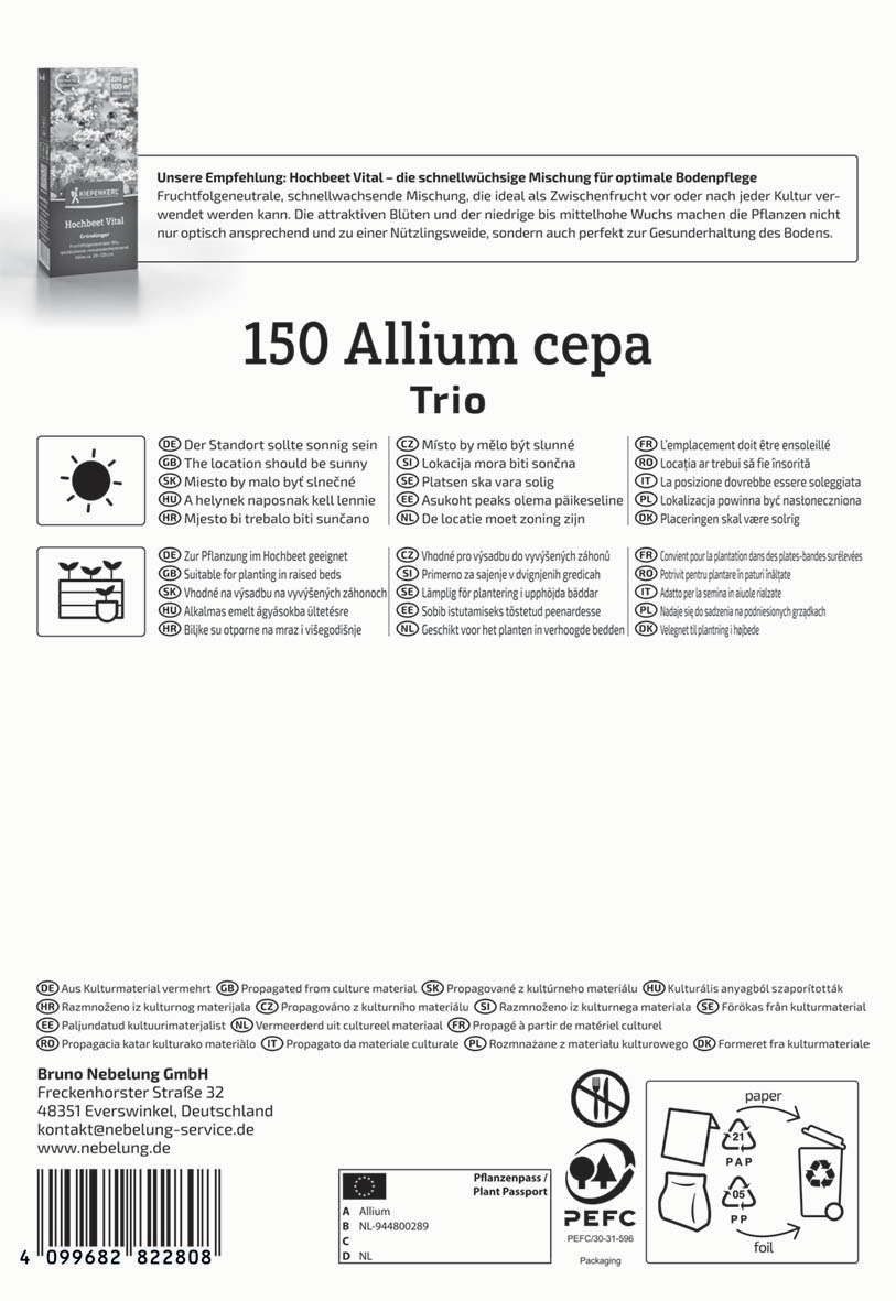 Samentyp-Nummer 150 Allium cepa Trio, europäisches Hygiene- und Verpackungssymbol, Pflanzenschutzpass.