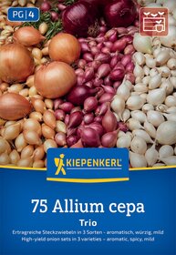 Bunte Zwiebeln in Rot, Weiß und Gelb, auf einer Verpackung mit Kiepenkerl-Logo.