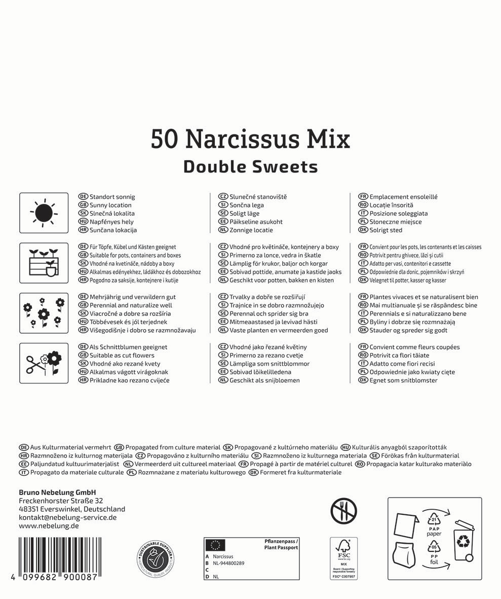 Symbol für sonnigen Standort, Text auf der Verpackung "50 Narcissus Mix Double Sweets".