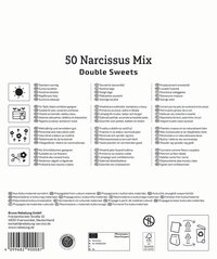 Symbol für sonnigen Standort, Text auf der Verpackung "50 Narcissus Mix Double Sweets".