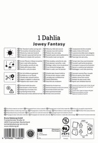 Blumenbild mit Texten und Symbolen in mehreren Sprachen, Hinweise zum Pflanzen, Standort und Pflege.