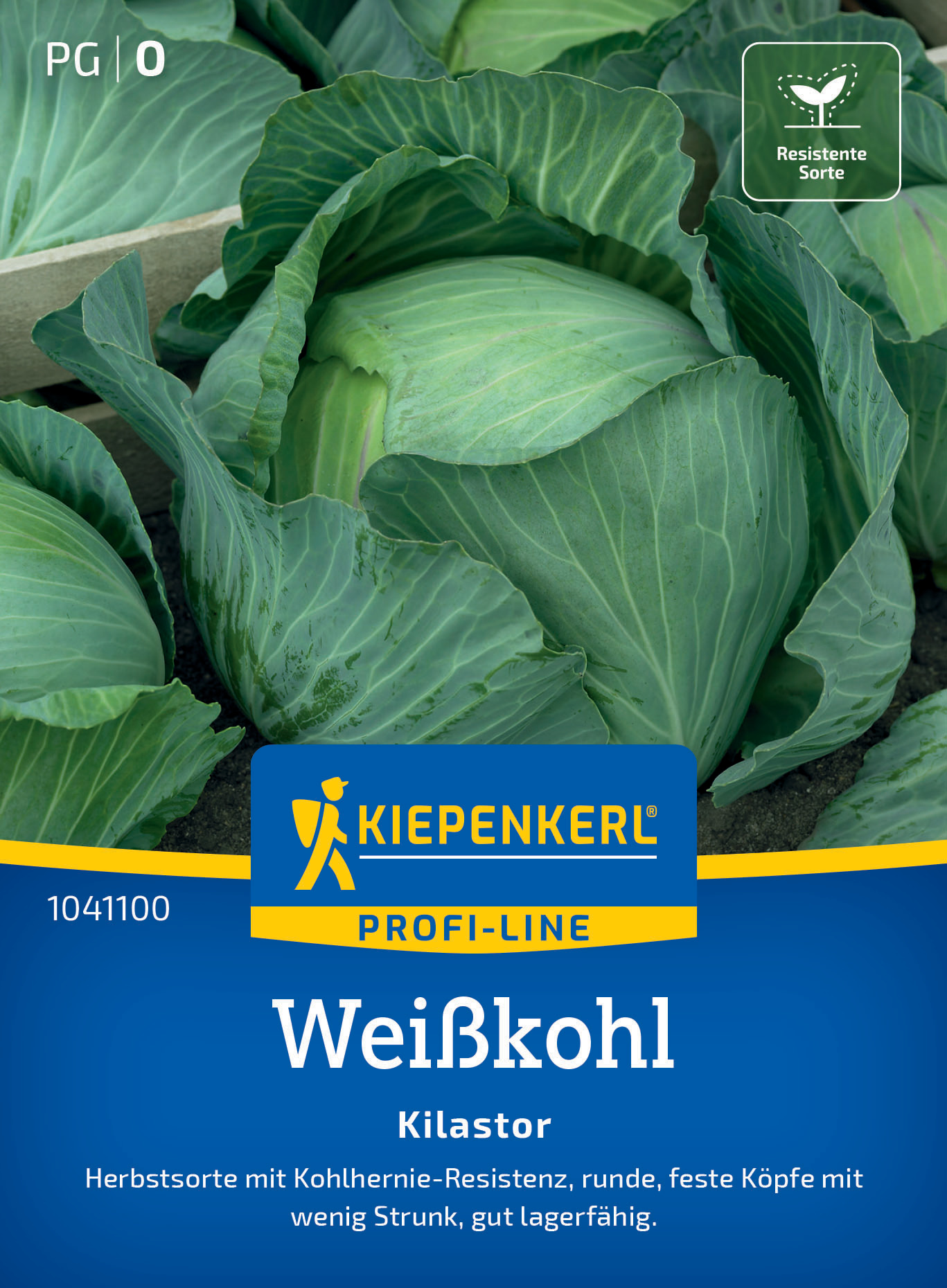 Brauner Kohlkopf mit großen, grünen Blättern, Verpackung mit blauer und gelber Beschriftung, Kategorie Kopfkohl.