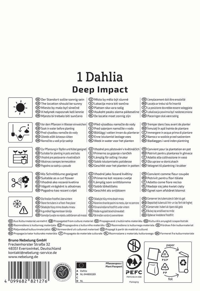 Anleitung für Dahlien mit Pflanzhinweisen, Pflege, Vermehrung, Tipps, Warnsymbole und Verpackungsinformationen.