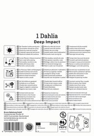 Anleitung für Dahlien mit Pflanzhinweisen, Pflege, Vermehrung, Tipps, Warnsymbole und Verpackungsinformationen.