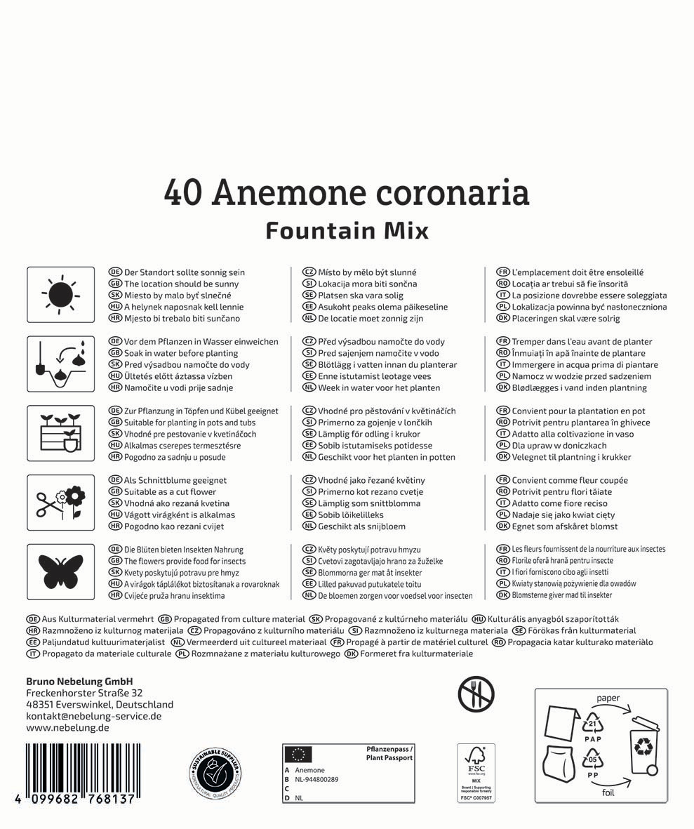 Anleitung für Anemone coronaria Samen, mit Icons und mehrsprachiger Beschreibung.