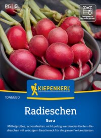 Rote Radieschen mit grünen Blättern in einem grauen Schüssel, Verpackungsdesign mit Text und Logo.