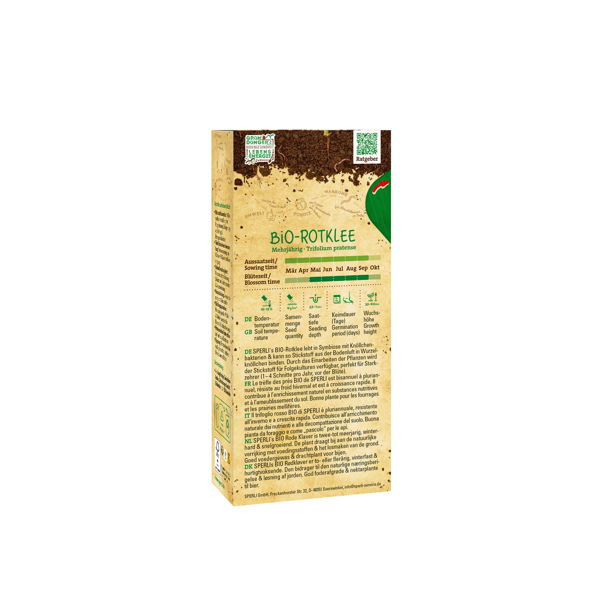 Päckchen mit Bio-Rotklee Samen, grüner Aufdruck, Text in mehreren Sprachen, Anbauinformationen und Pflanzentipps.