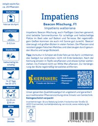 Text auf dem Bild:  
Pflanzen, Saatgut, Blüten, Keimung, September bis Oktober, 20 Pflanzen, QR-Code, Hersteller-Infos.