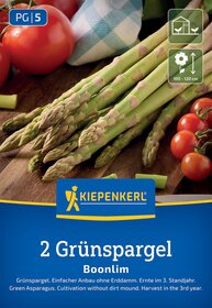 Grüner Spargel, Tomaten, blau-gelbe Verpackung mit Kiepenkerl Logo, Text und Symbolen.