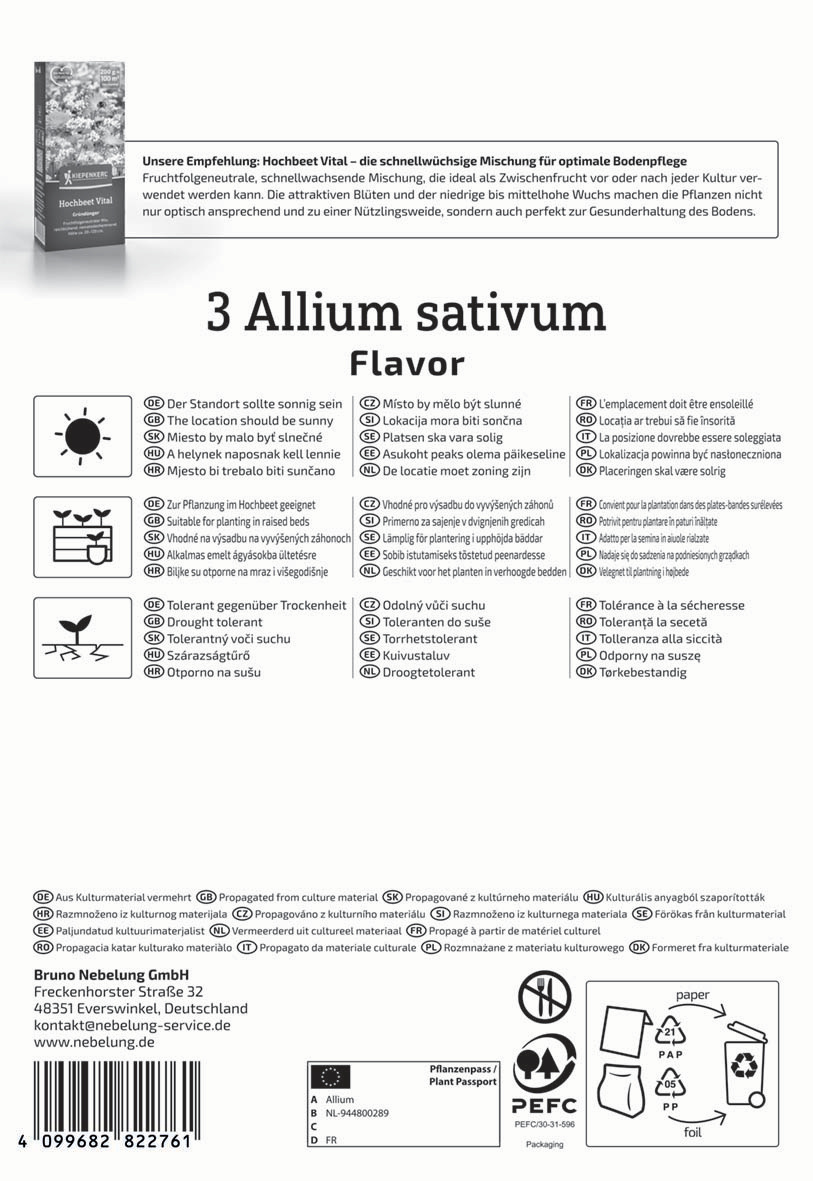 Text im Bild mit mehreren Sprachen, Hinweise zur Bodenpflege, Dürretoleranz und Standortempfehlungen für Allium sativum.