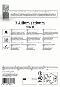 Text im Bild mit mehreren Sprachen, Hinweise zur Bodenpflege, Dürretoleranz und Standortempfehlungen für Allium sativum.