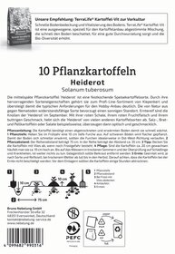 Bunte Abbildung von zehn Pflanzkartoffeln, Übersichtsstreifen, Symbole für Pflanztiefe, Abstand, Frostschutz, Pflege und Ernte.