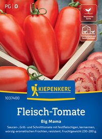Rote Fleischtomaten in einem Holzkorb, neben mehreren Tomatenscheiben, auf grauem Hintergrund.