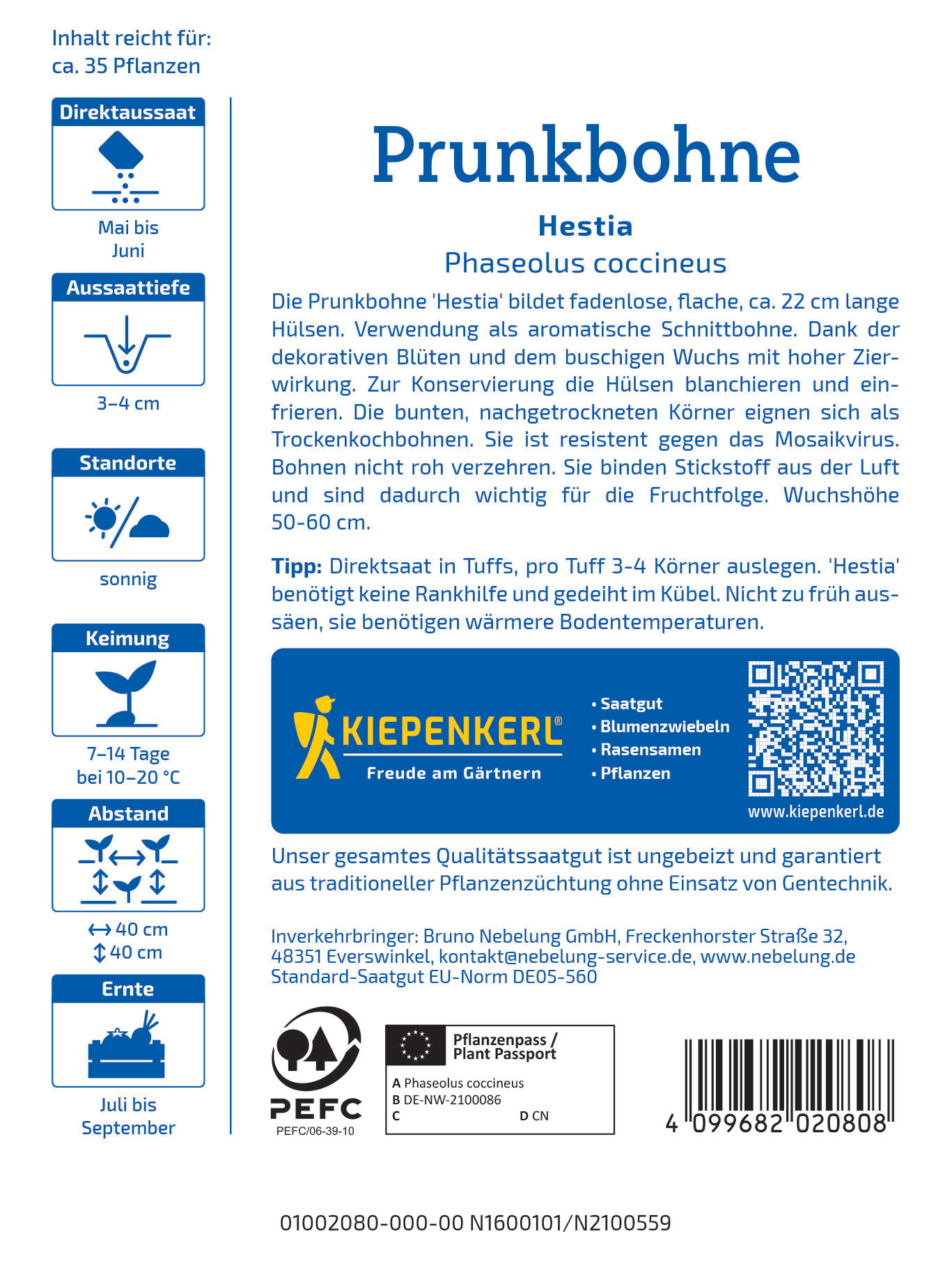 Beschreibung: Packungsaufkleber für Prunkbohne Hestia mit Text, Symbolen, QR-Code und Logo, hauptsächlich in Blau und Weiß.