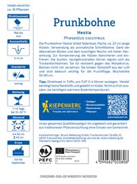 Beschreibung: Packungsaufkleber für Prunkbohne Hestia mit Text, Symbolen, QR-Code und Logo, hauptsächlich in Blau und Weiß.