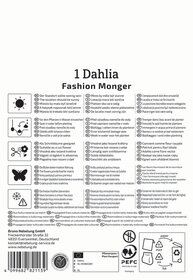 Text mit der Überschrift "1 Dahlia Fashion Monger" und Anweisungen sowie Symbolen für Pflege- und Pflanzhinweise auf mehreren Sprachen.