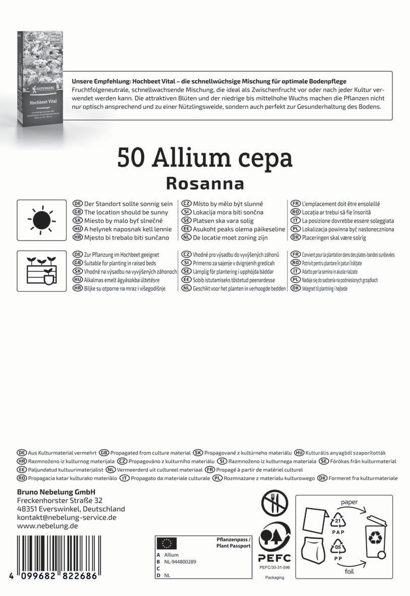 Beschreibung: Anzuchtanleitung für Allium cepa Rosanna in mehreren Sprachen, Symbole für Standort, Wasser, Pflanzung und Recycling.