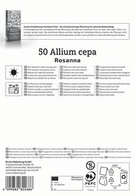 Beschreibung: Anzuchtanleitung für Allium cepa Rosanna in mehreren Sprachen, Symbole für Standort, Wasser, Pflanzung und Recycling.