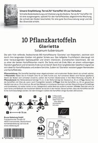 Anleitung für den Anbau und Pflege von zehn Pflanzkartoffeln auf einem bedruckten Papier mit Illustrationen und Logos.
