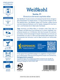 Informationsblatt für Weißkohl 'Sunta' mit Details zu Anbau, Keimung, Standort, Ernte und Anbieter.