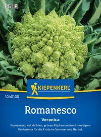 Grüner Romanesco mit dichten, grünen Köpfen und gewelltem Blattwerk, auf einer blauen Kiepenkerl-Verpackung.