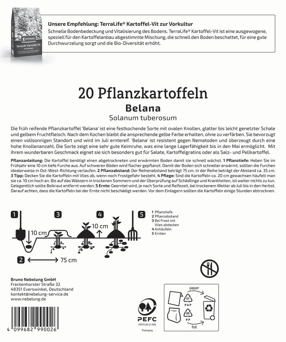 Schachtel mit Anweisungen für das Pflanzen von Belana Kartoffeln, inklusive Diagramm und Kontaktdaten.